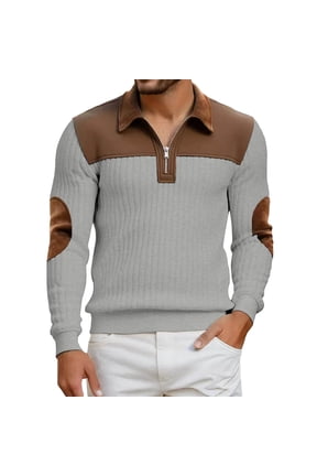 Collared Half-Zip Ribbed Knit Top Men Casual Long Sleeve With Elbow Patches Gray XXL