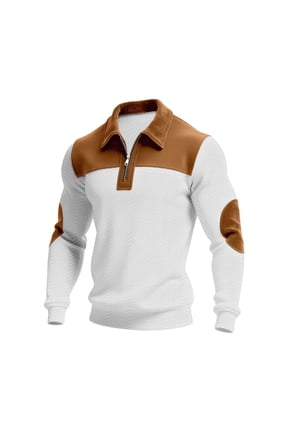 Contrast Collar Half-Zip Elbow Patch Shirt Men Casual Long Sleeve Top For Street Style White XL