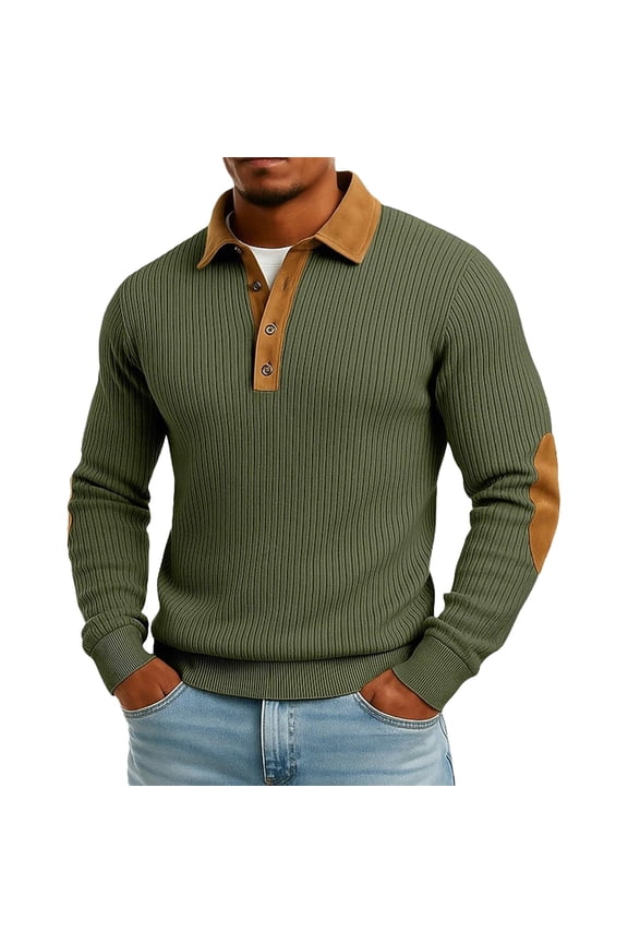 Contrast Collar Henley Stripe Elbow Patch Knit Sweater Men Casual Pullover Army Green XL