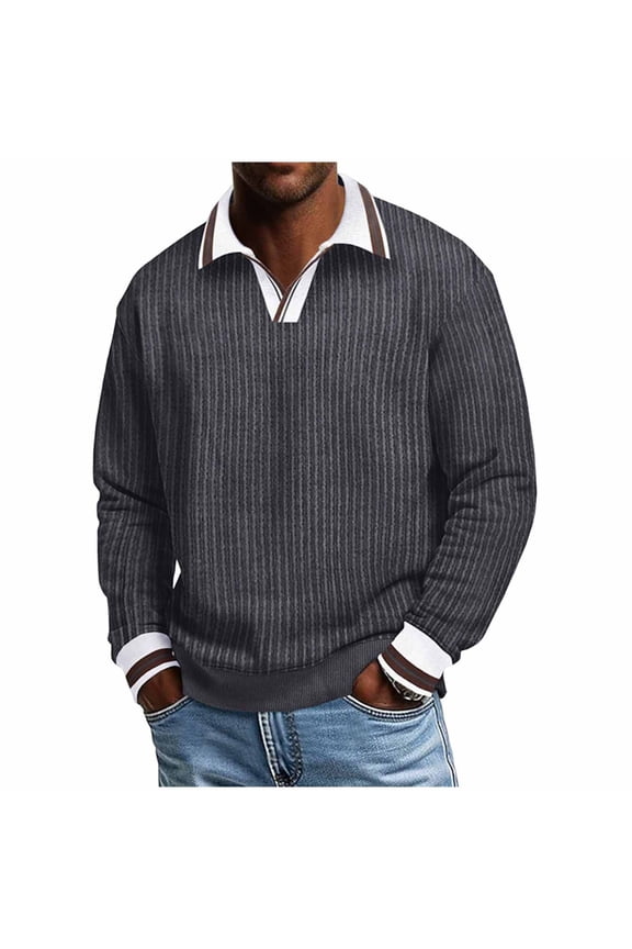 Contrast Collar V-Neck Striped Knit Sweater Men Casual Pullover For Fall Gray M