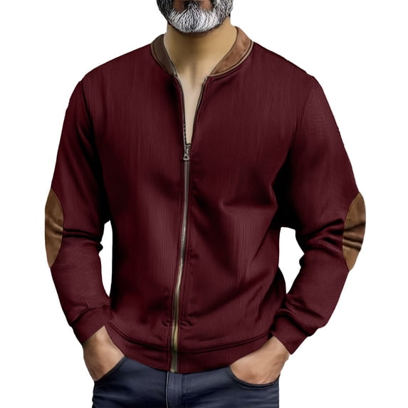 Mrmaere Contrast Panel Baseball Collar Jacket Men Casual Zip-Up Top With Elbow Patches For Daily Wine M