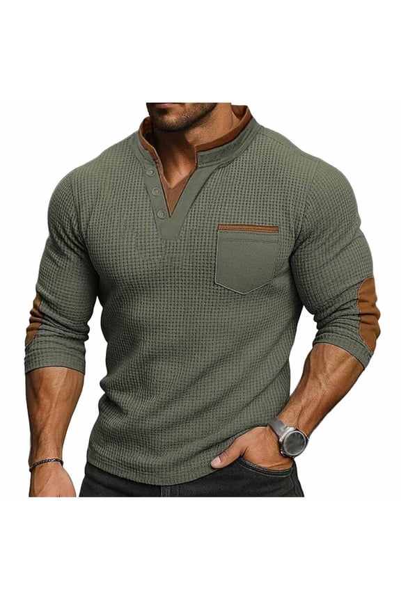 Contrast Placket Henley Knit Shirt Men Casual 3/4 Sleeve Top With Elbow Patches Army Green XXXL