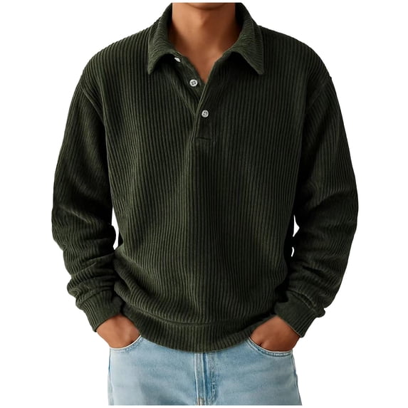 Mrmaere Corduroy Collared Shirt Men Casual Long Sleeve Pullover With Button Closure For Fall Army Green L