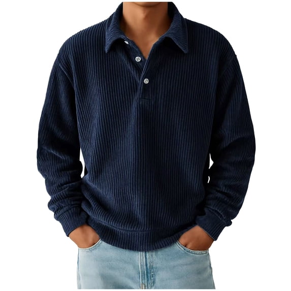 Mrmaere Corduroy Collared Shirt Men Casual Long Sleeve Pullover With Button Closure For Fall Dark Blue XXXL