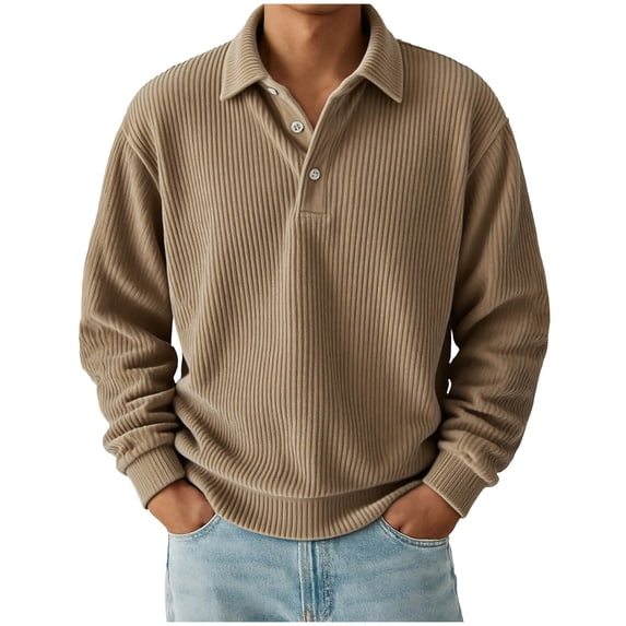 Mrmaere Corduroy Collared Shirt Men Casual Long Sleeve Pullover With Button Closure For Fall Khaki L