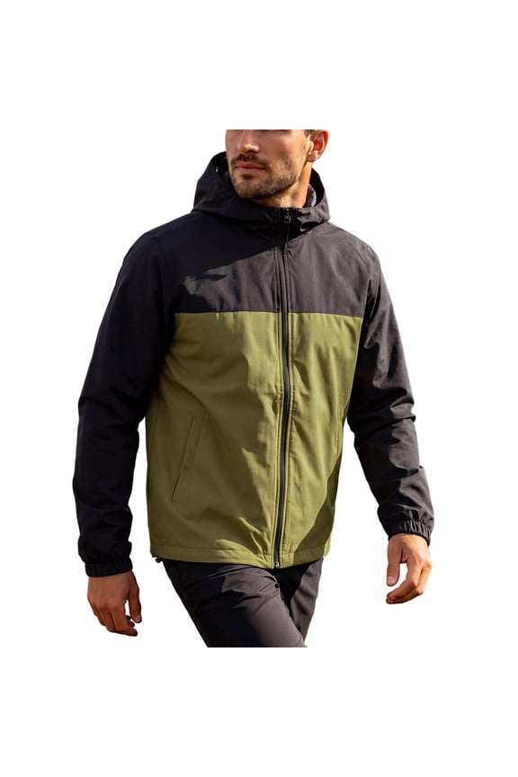 Hooded Color Block Outdoor Jacket Men Hooded Zip Up Windproof Lightweight Casual Jacket Army Green XXXL