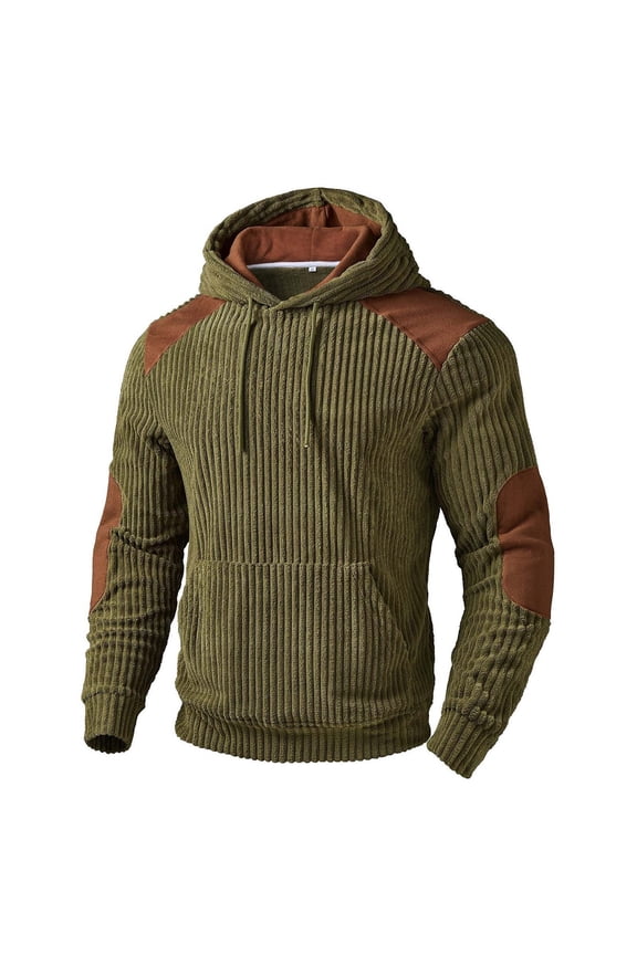 Hooded Corduroy Sweatshirt Men Color Block Long Sleeve Casual Pullover With Pocket Army Green XL