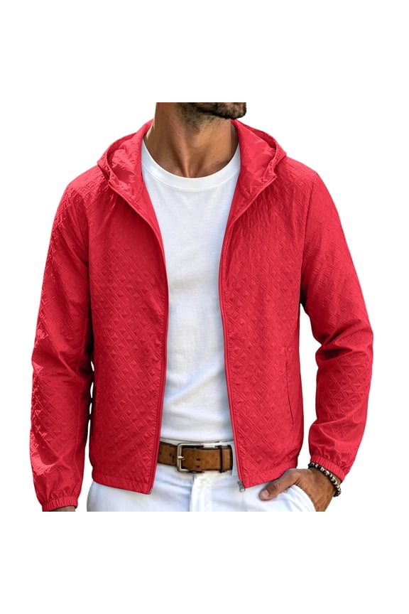 Hooded Diamond Quilted Lightweight Sun Protection Jacket Men Hooded Zip Up Breathable Outdoor Jacket Red M