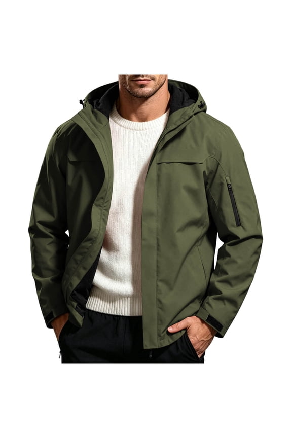 Hooded Fleece Lined Warm Outdoor Jacket Men Hooded Zip Up Windproof Winter Hiking Jacket Army Green XL