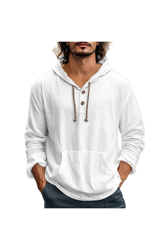 Hooded Henley Textured Sweatshirt Men Casual Pullover With Drawstring For Daily White S