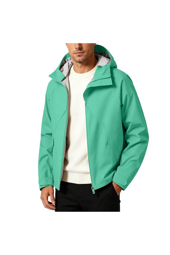 Hooded Minimalist Waterproof Outdoor Jacket Men Hooded Zip Up Windproof Water Resistant Daily Wear Jacket Green M