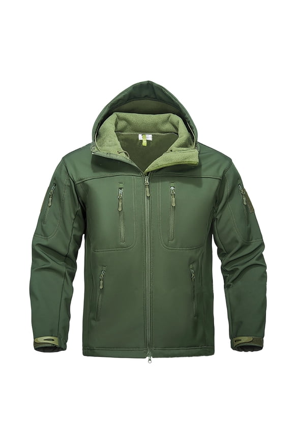 Hooded Multi Pocket Fleece Outdoor Jacket Men Hooded Zip Up Windproof Water Resistant Hiking Jacket Green S
