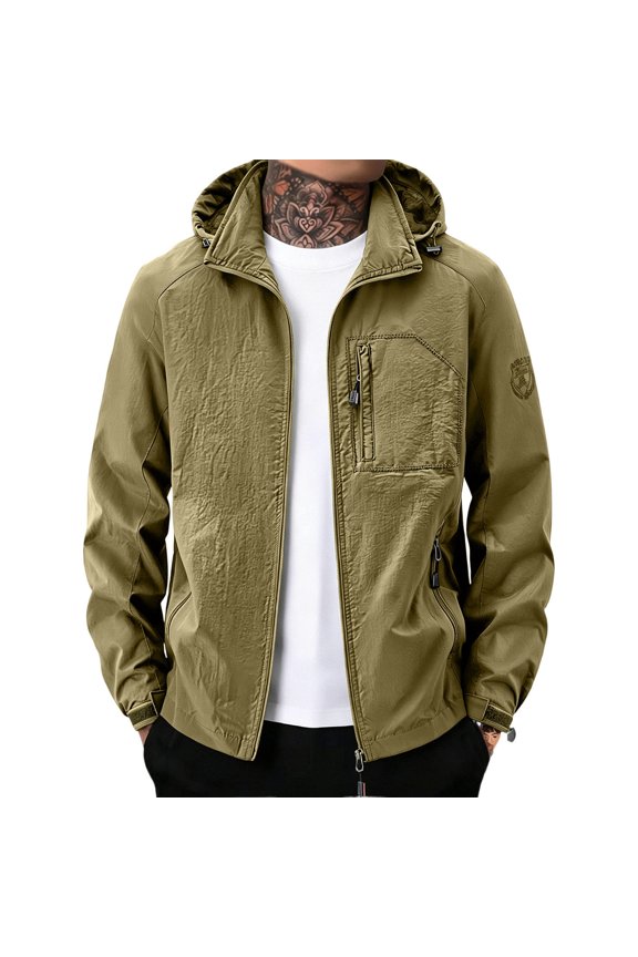 Hooded Multi Pocket Outdoor Casual Jacket Men Hooded Zip Up Windproof Breathable Hiking Jacket Khaki M
