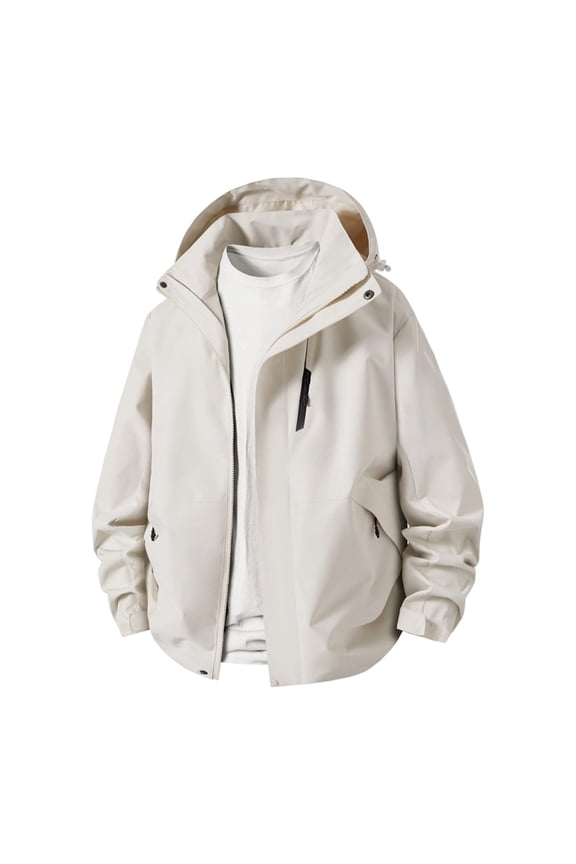 Hooded Multi Pocket Outdoor Jacket Men Hooded Zip Up Windproof Water Resistant Daily Wear Jacket Beige S