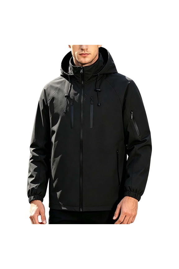 Hooded Multi Pocket Outdoor Jacket Men Hooded Zip Up Windproof Water Resistant Hiking Jacket Black M