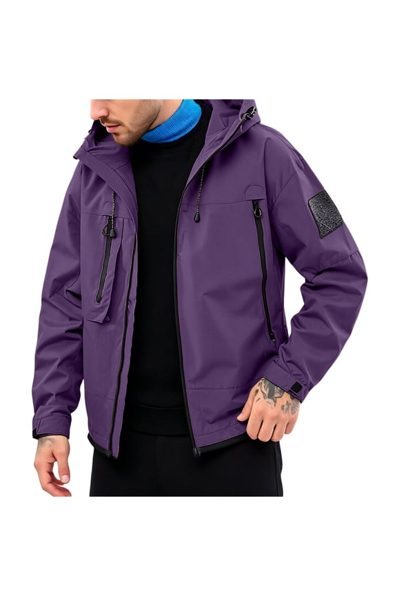 Hooded Multi Pocket Outdoor Jacket Men Hooded Zip Up Windproof Water Resistant Hiking Jacket Purple M