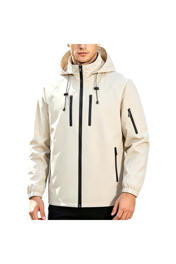 Hooded Multi Pocket Outdoor Jacket Men Hooded Zip Up Windproof Water Resistant Hiking Jacket White M