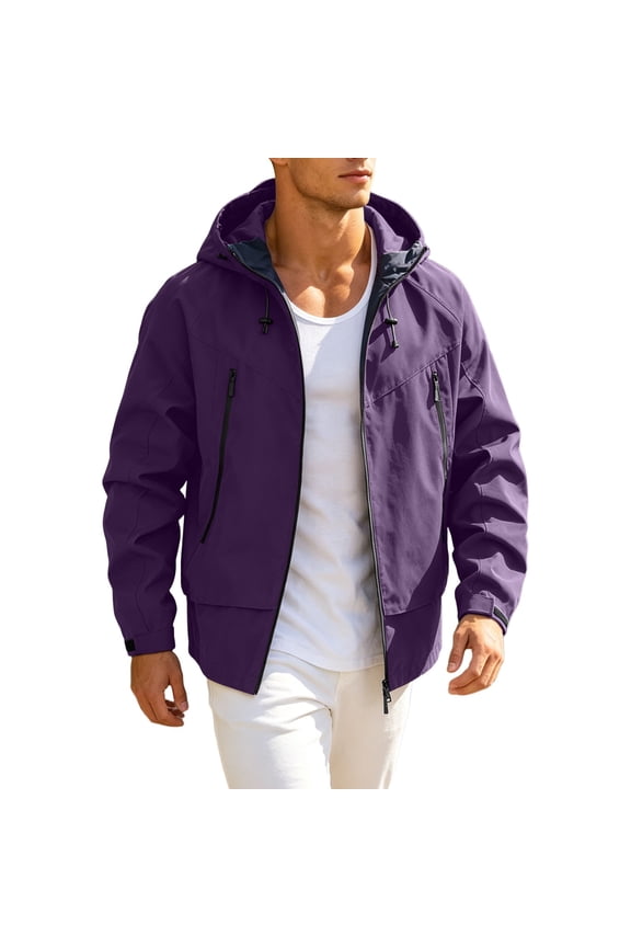 Hooded Multi Pocket Outdoor Jacket Men Hooded Zip Up Windproof Water Resistant Outdoor Jacket Purple XXXL
