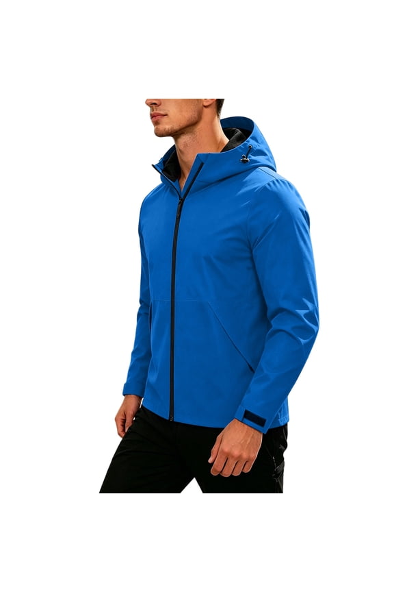 Hooded Outdoor Hiking Jacket Men Hooded Zip Up Windproof Water Resistant Mountain Jacket Blue S