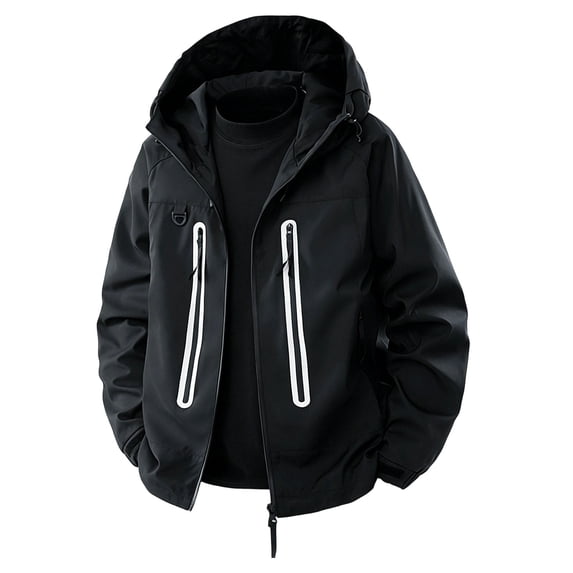 Mrmaere Hooded Reflective Stripe Outdoor Jacket Men Hooded Zip Up Windproof Water Resistant Sport Jacket Black L