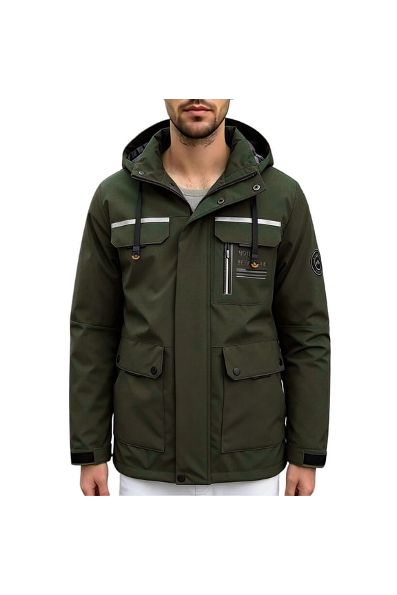 Hooded Reflective Stripe Outdoor Parka Jacket Men Hooded Button Zip Up Windproof Water Resistant Jacket Army Green S