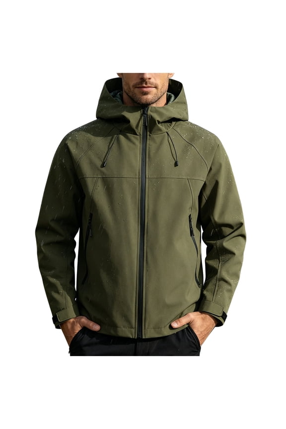 Hooded Waterproof Outdoor Jacket Men Hooded Zip Up Windproof Water Resistant Hiking Jacket Army Green XXXXL