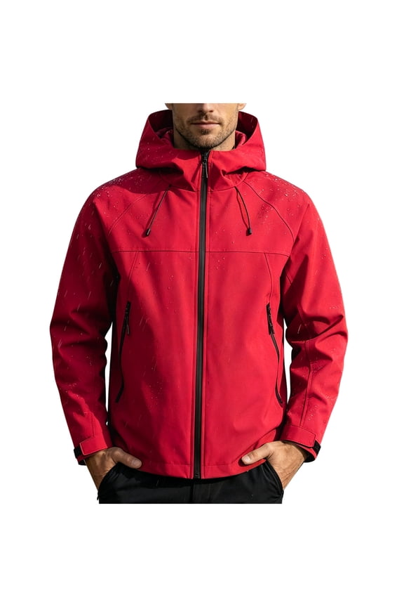 Hooded Waterproof Outdoor Jacket Men Hooded Zip Up Windproof Water Resistant Hiking Jacket Red XXXXXL