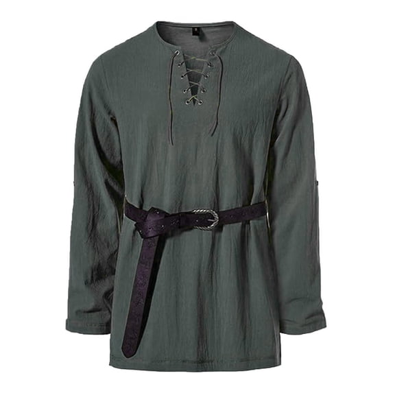 Mrmaere Lace-Up Shirt Men Medieval Vintage Casual Top With Leather Belt For LARP And Army Green L