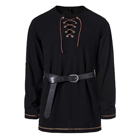 Mrmaere Lace-Up Shirt Men Medieval Vintage Casual Top With Leather Belt For LARP And Black L
