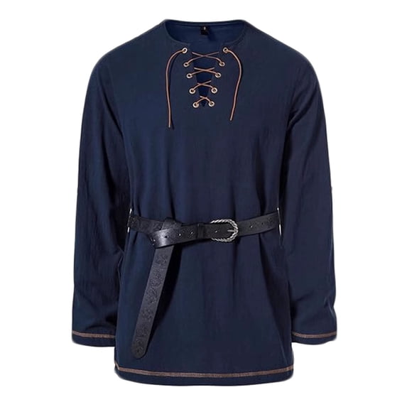 Mrmaere Lace-Up Shirt Men Medieval Vintage Casual Top With Leather Belt For LARP And Navy S
