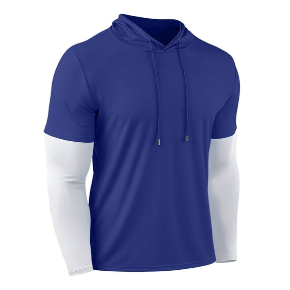 Mrmaere Layered Hoodie T-Shirt Men Casual Long Sleeve Top With Drawstring for Gym Blue S