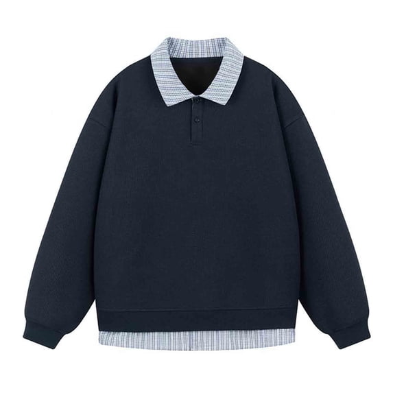 Mrmaere Layered Plaid Collar Sweatshirt Men Casual Long Sleeve Loose Pullover Top Navy XXL