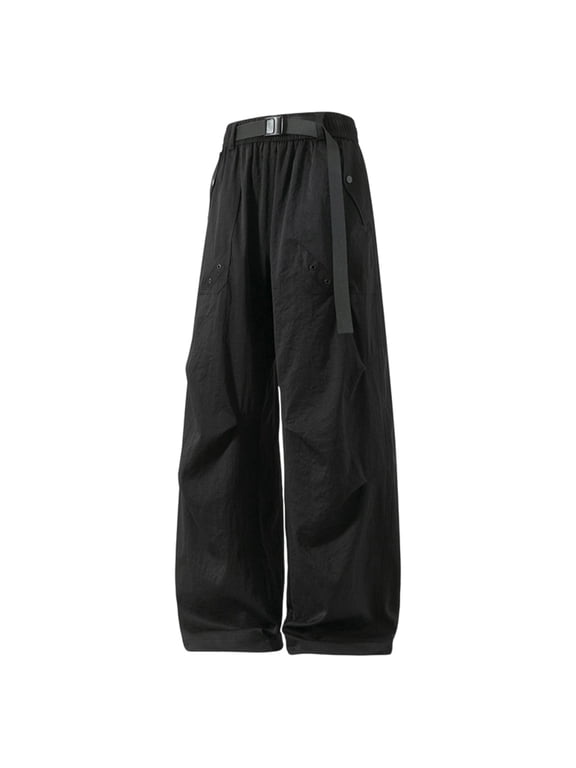 Men Cargo Pants Adjustable Buckle Belt Waist Decor Patch Pockets Wide Leg Woven Trousers for Street Hip Hop Urban Scene Black S