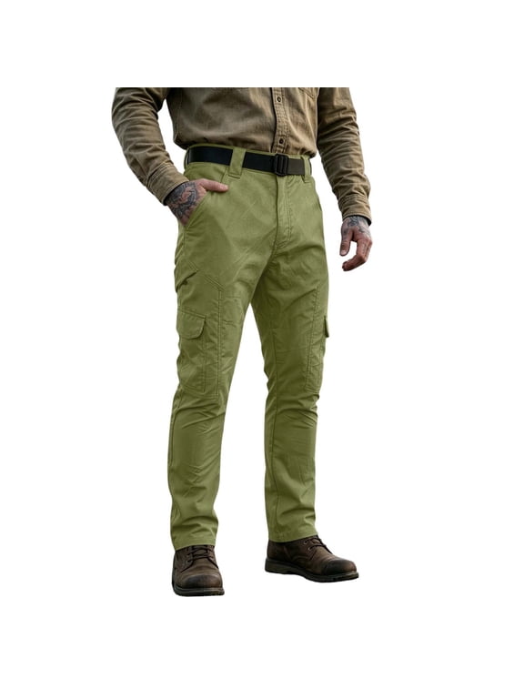 Men Cargo Pants Belt Equipped Waist Reinforced Seam Multi Side Pockets Straight Leg Trousers for Field Activity Hunting Trip Army Green M