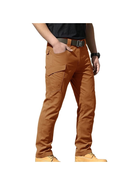 Men Cargo Pants Belt Loop Waist Multi Side Pockets Straight Leg Woven Trousers for Field Work Camping Mountain Travel Coffee XXL