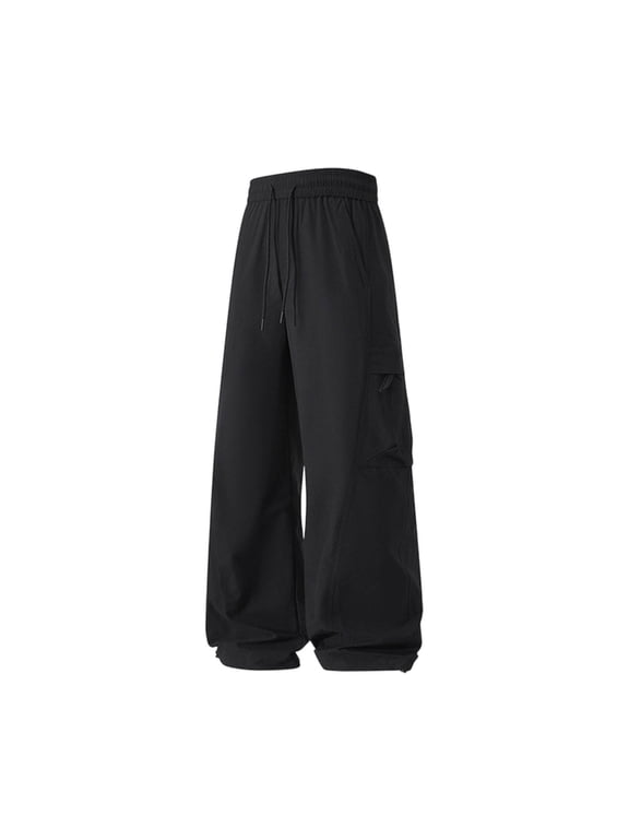 Men Cargo Pants Drawstring Elastic Waist Wide Leg Large Side Pockets Loose Cut Lightweight Weave for Outdoor Trips Street Style Casual Hangout Black XXS