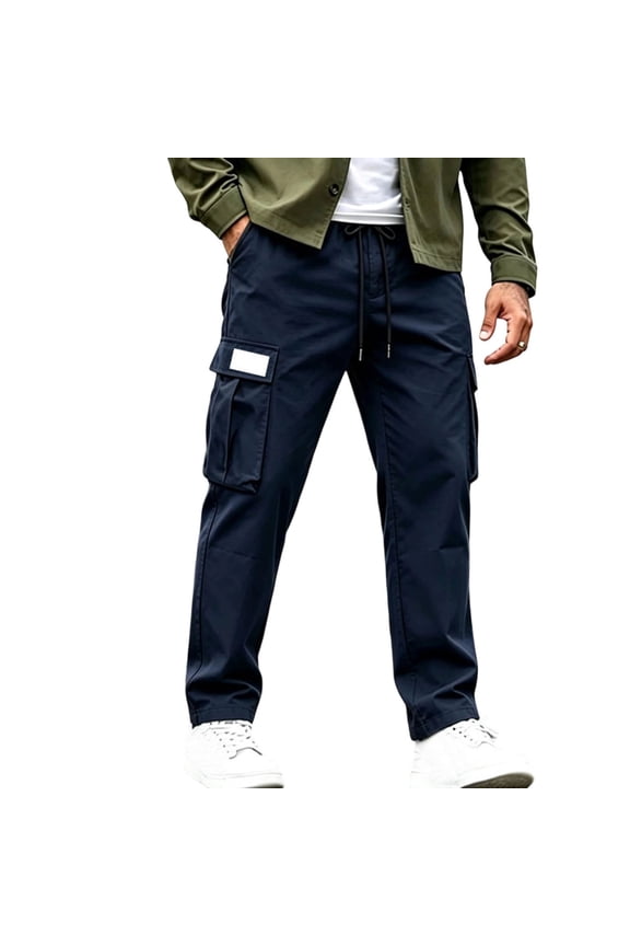 Men Cargo Pants Drawstring Waist Large Patch Side Pockets Straight Leg Woven Shell Trousers for Urban Travel Outdoor Activity Navy M
