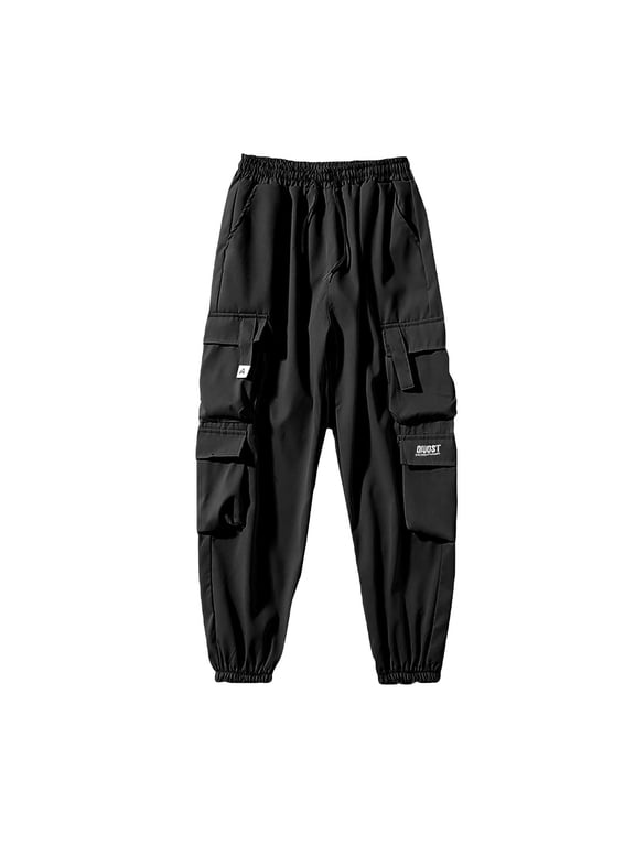 Men Cargo Pants Elastic Drawstring Waist Decoration Multi Flap Pockets Cuffed Ankle Trousers for City Street Wear Black XL