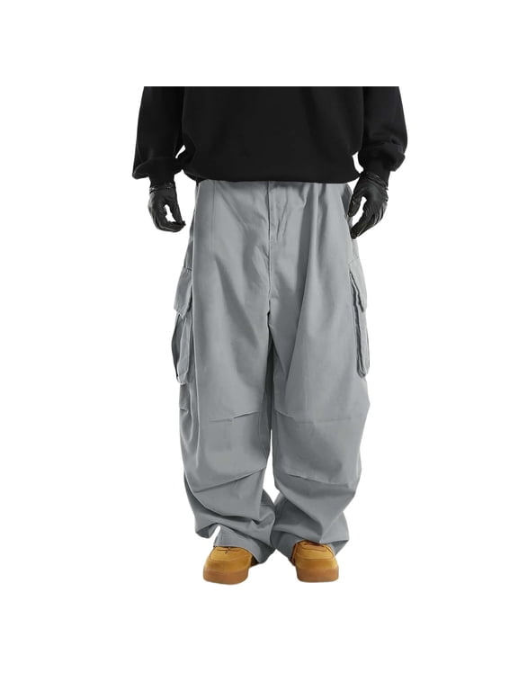 Men Cargo Pants Elastic Waist Loose Cut Oversized Flap Pockets Lightweight Woven Shell for Casual Hangout City Walking Trips Gray M
