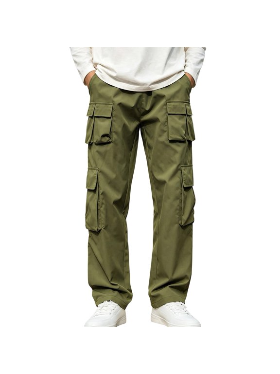 Men Cargo Pants Elastic Waist Multi Flap Pockets Wide Leg Lightweight Shell Trousers for Street Style Short Trip Army Green XL