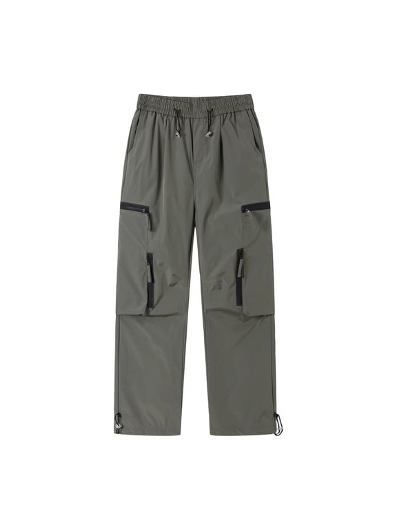 Men Cargo Work Pants Elastic Drawstring Waist Zipper Patch Pockets Adjustable Hem Woven Trousers for Outside Activity Urban Trip Green M