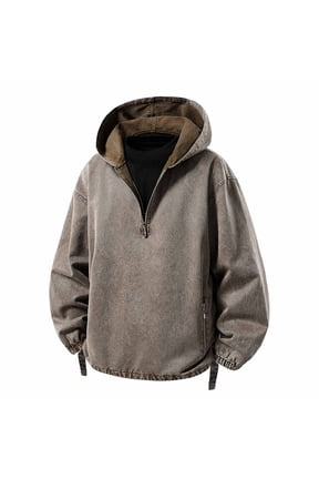 Men Hooded Half Zip Tops Jackets Vine Washed Texture Side Zipper Pockets Elastic Hem Durable For Urban Roaming Weekend Excursion Outdoor Casual Activities Khaki XS