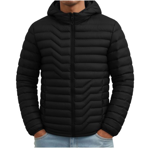 Mrmaere Men Hooded Puffer Jacket Full Zipper Quilt Warm Outerwear For Outdoor Activities Black L