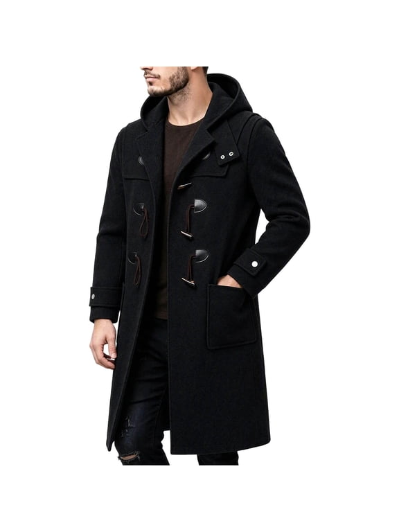 Men Hooded Wool Blend Long Duffle Coat Toggle Closure Pocket Outerwear For Cold Season Black XXL