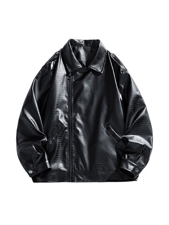 Men Lapel Croc Printed Faux Leather Jacket Full Zipper Long Sleeve Outerwear For Outings Black M