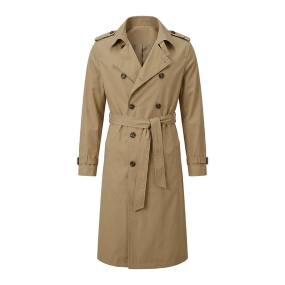 Mrmaere Men Lapel Trench Coat Double Breasted Belted Long Sleeve Outerwear For Business Daily Khaki L