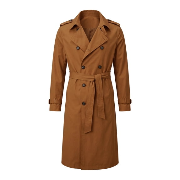 Mrmaere Men Lapel Trench Coat Double Breasted Belted Long Sleeve Outerwear For Business Daily Orange M