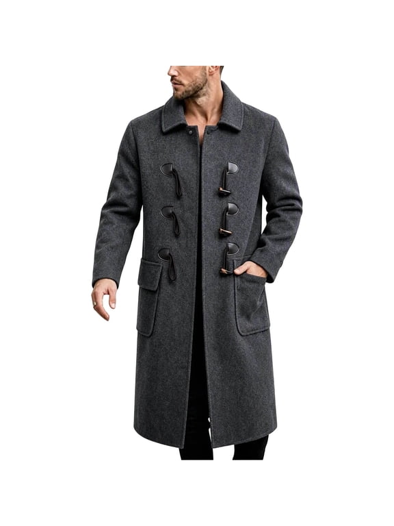 Men Lapel Wool Blend Long Duffle Coat Toggle Closure Pocket Outerwear For Cold Winter Days Dark Gray XXXL