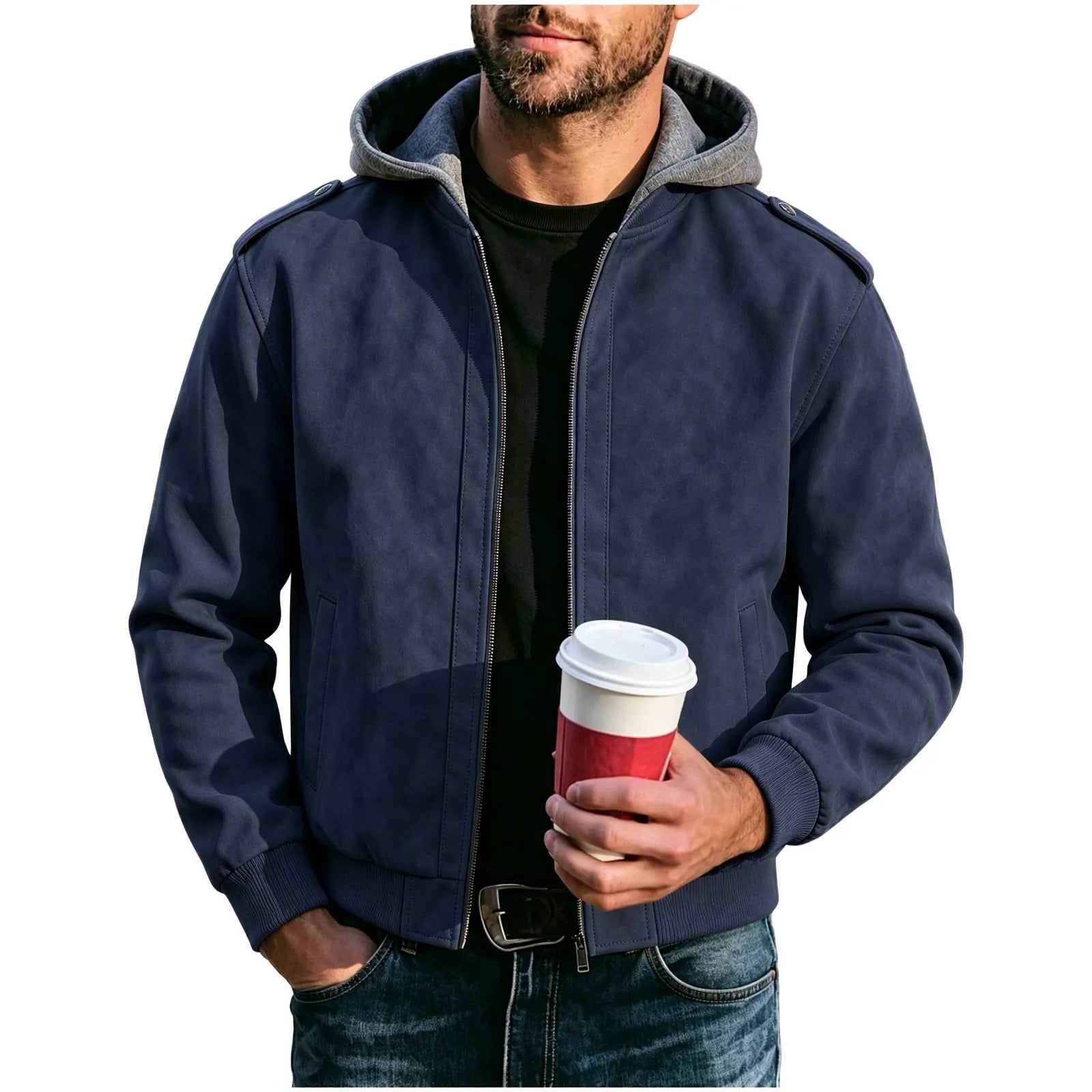 Mrmaere Men Removable Hood Suede Jacket Full Zip Rib Cuff Outerwear For ...