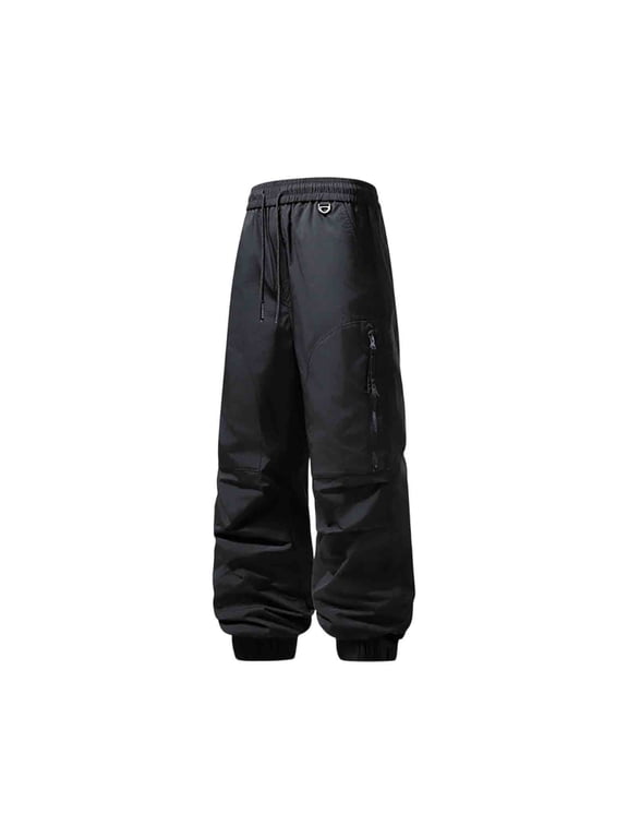 Men Snow Pants Elastic Drawstring Waist Zipper Side Pockets Cuffed Ankle Woven Shell Trousers for Winter Skiing Outdoor Trip Black L